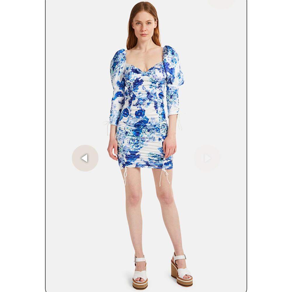 NWT For Love & Lemons Hyacinth Drawstring Mini Dress Blue White Floral XS